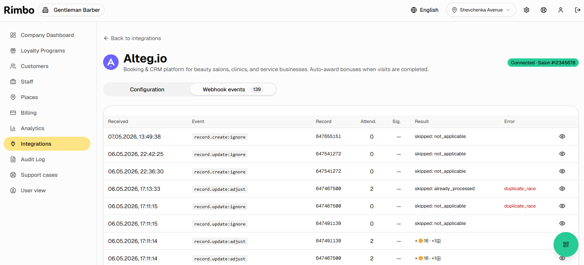 Rimbo admin webhook events log showing automatic processing of completed, updated and cancelled Altegio visits