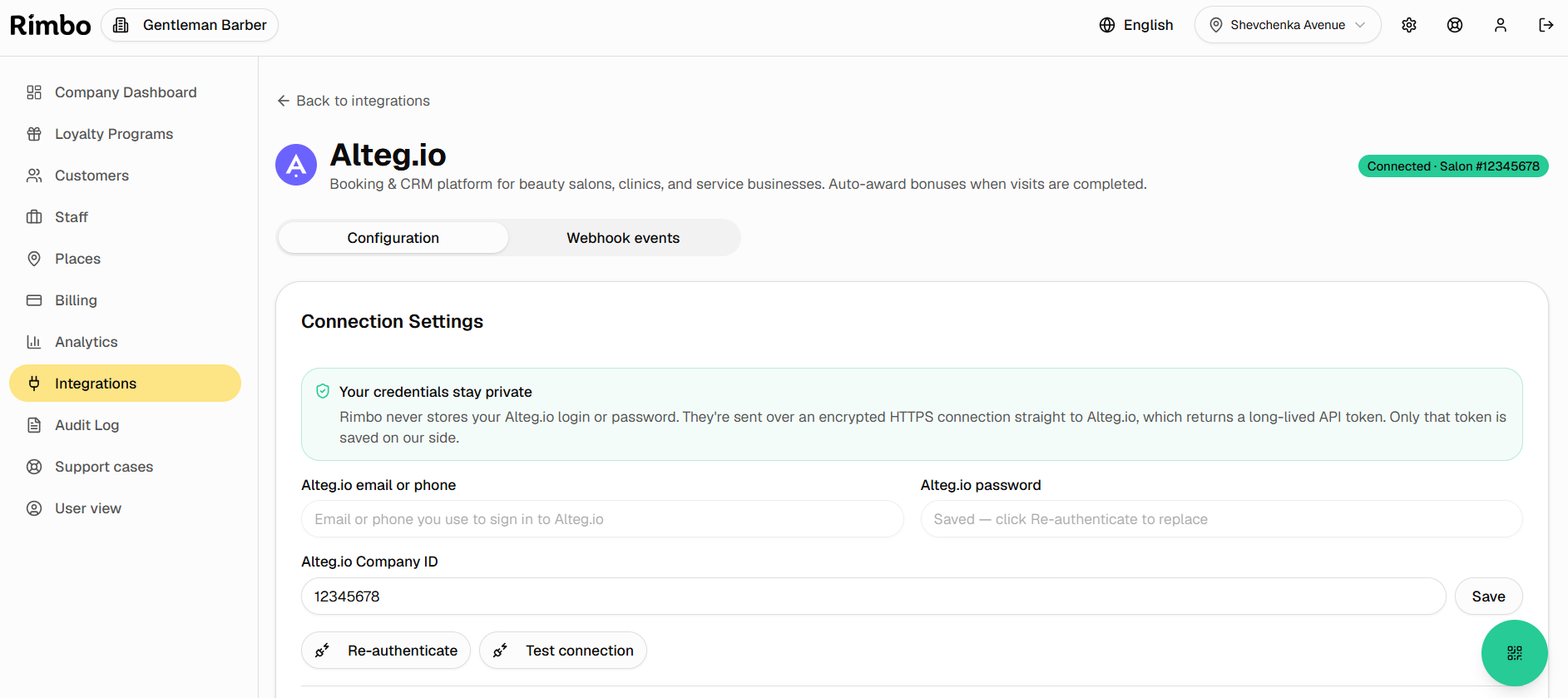 Rimbo Altegio integration setup page showing login fields, salon ID and connection status